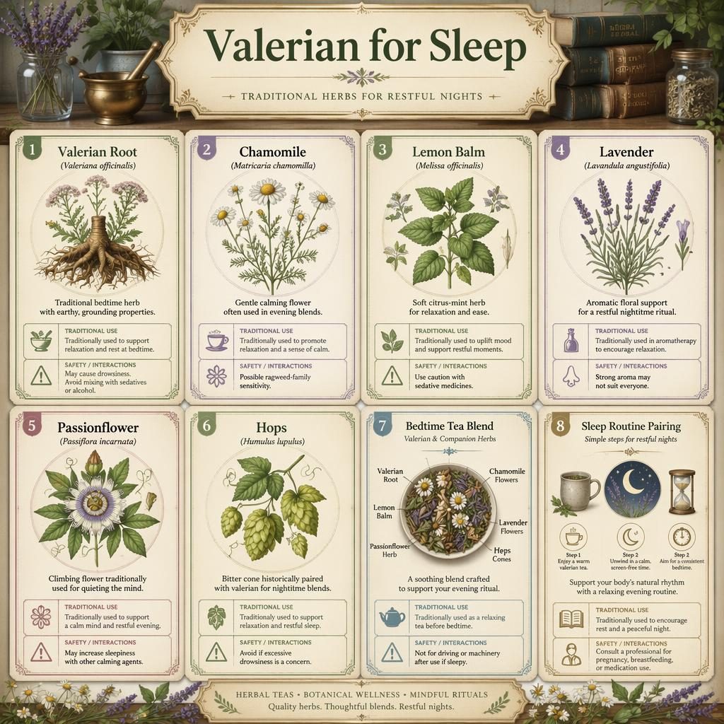 Infografika s 8 kartami Valerian for Sleep, botanické byliny, vintage lékárnický styl, pastelové barvy a anglické popisky.