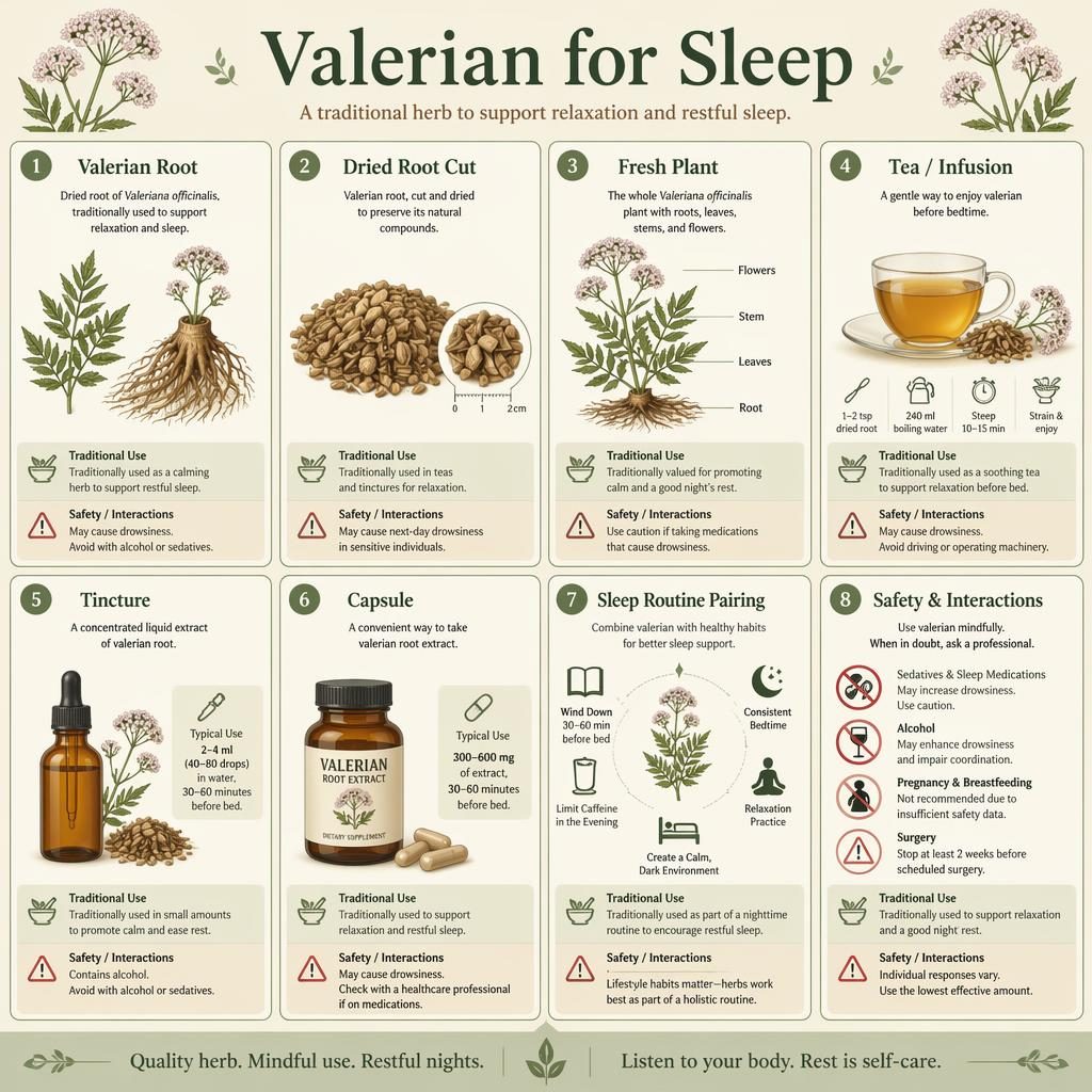 Editorial herbal infographic with 8 cards on valerian for sleep, showing botanical illustrations, tea, tincture, capsules, and safety icons.