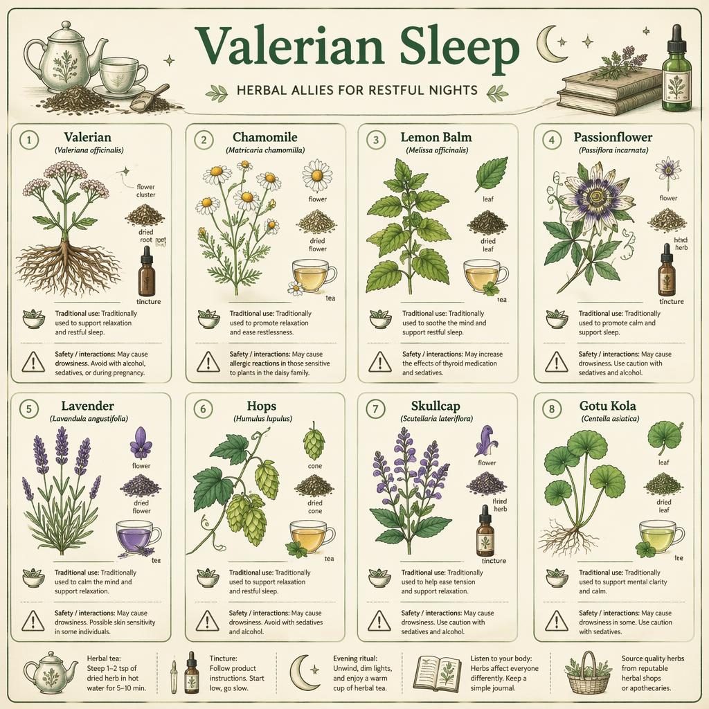 Sketchnote infografika s 8 kartami bylin na spánek, v zelené paletě, s kořeny, květy, čajem a kapátkem.