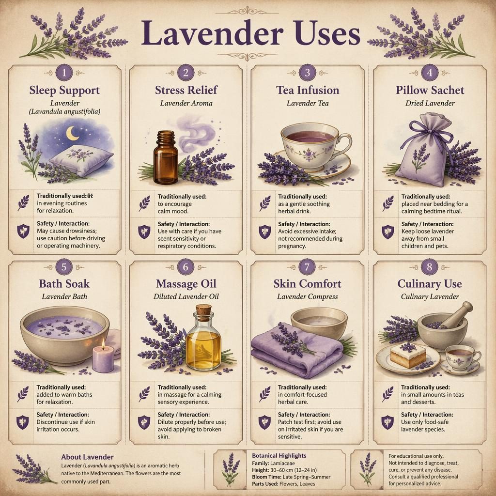Infografía en cuadrícula con 8 tarjetas sobre usos de la lavanda, ilustraciones botánicas y estilo acuarela vintage.