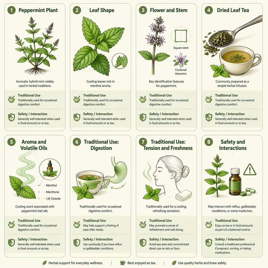 Mřížková infografika s 8 kartami o Peppermint Mint, botanické ilustrace, zelená paleta, texty v angličtině.