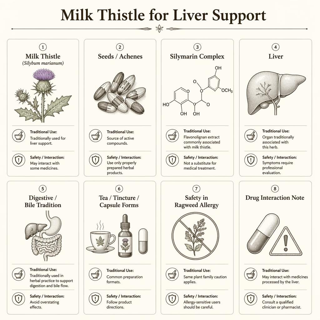 8-card milk thistle infographic grid with botanical icons, liver diagram, seed detail, safety notes, and English labels.