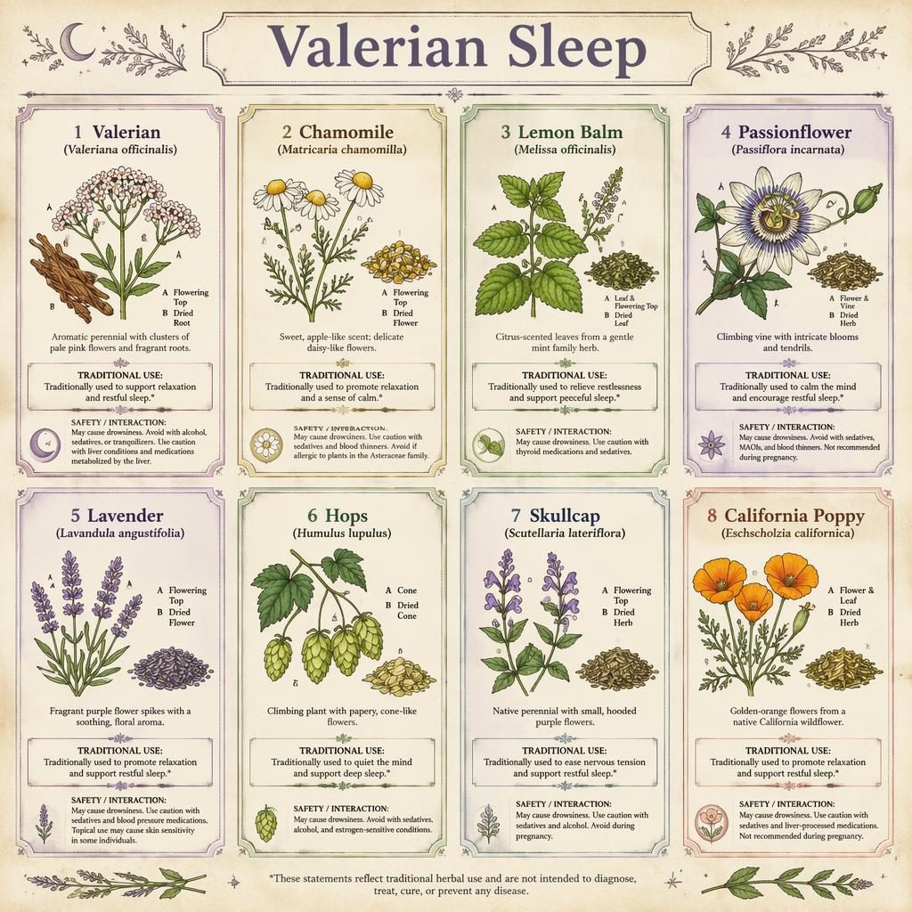 Vintage apothecary-style grid infographic with 8 herbal cards for sleep support, featuring valerian and 7 bedtime herbs.