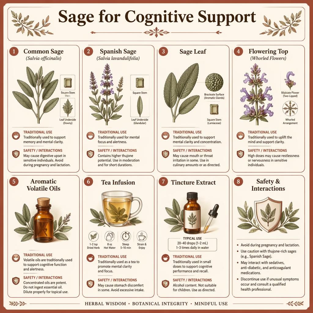 Botanical card grid infographic showing 8 sage study cards for cognitive support in rust and cream editorial style.