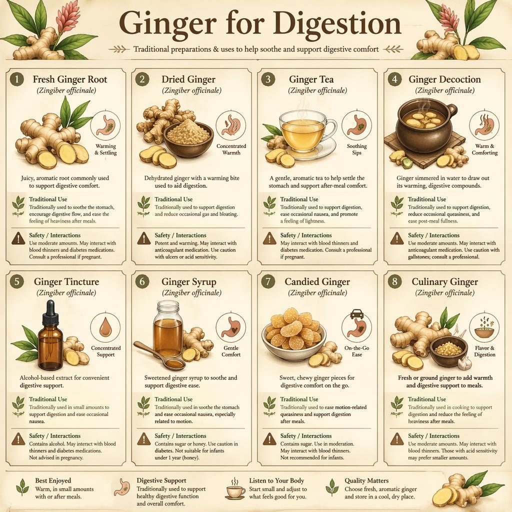 8-card ginger digestion infographic in a vintage apothecary grid with root, tea, tincture, syrup, candied, and culinary icons.