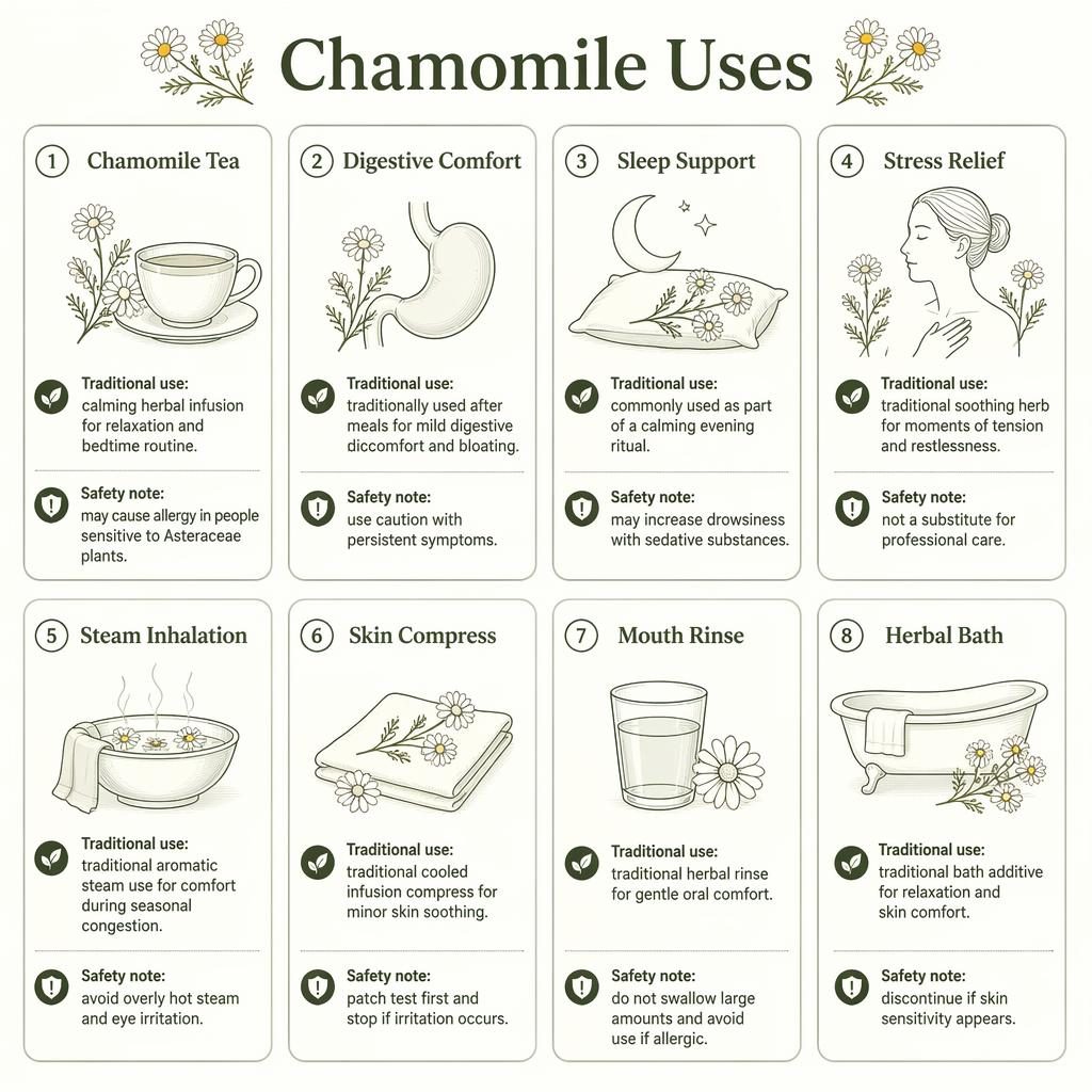 Infographie en grille de 8 cartes sur les usages de la camomille, style plat monochrome, avec icônes botaniques et textes anglais.