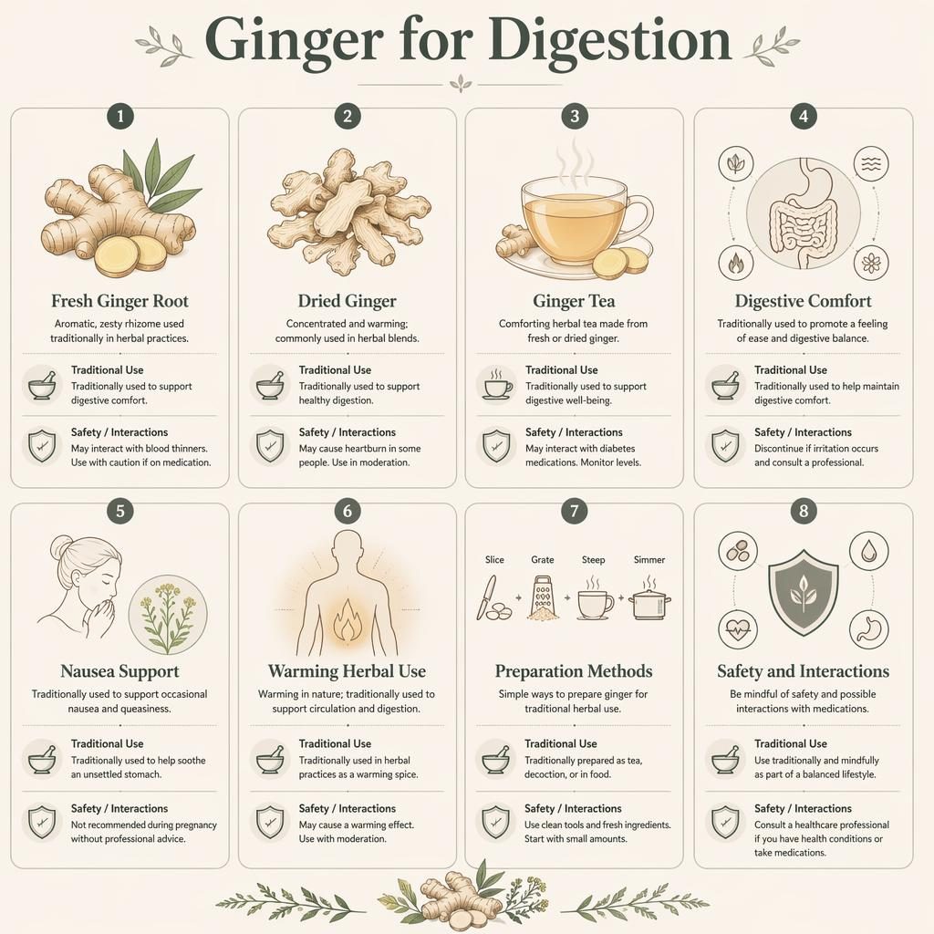 Minimalistická infografika s mřížkou 8 karet o zázvoru pro trávení, s oddenkem, plátky, čajem a symboly bezpečnosti.