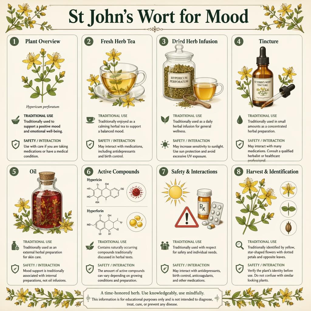 Infografika s 8 kartami o třezalce tečkované, botanické ilustrace, ikony, bezpečnostní poznámky a vintage lékárnický styl.