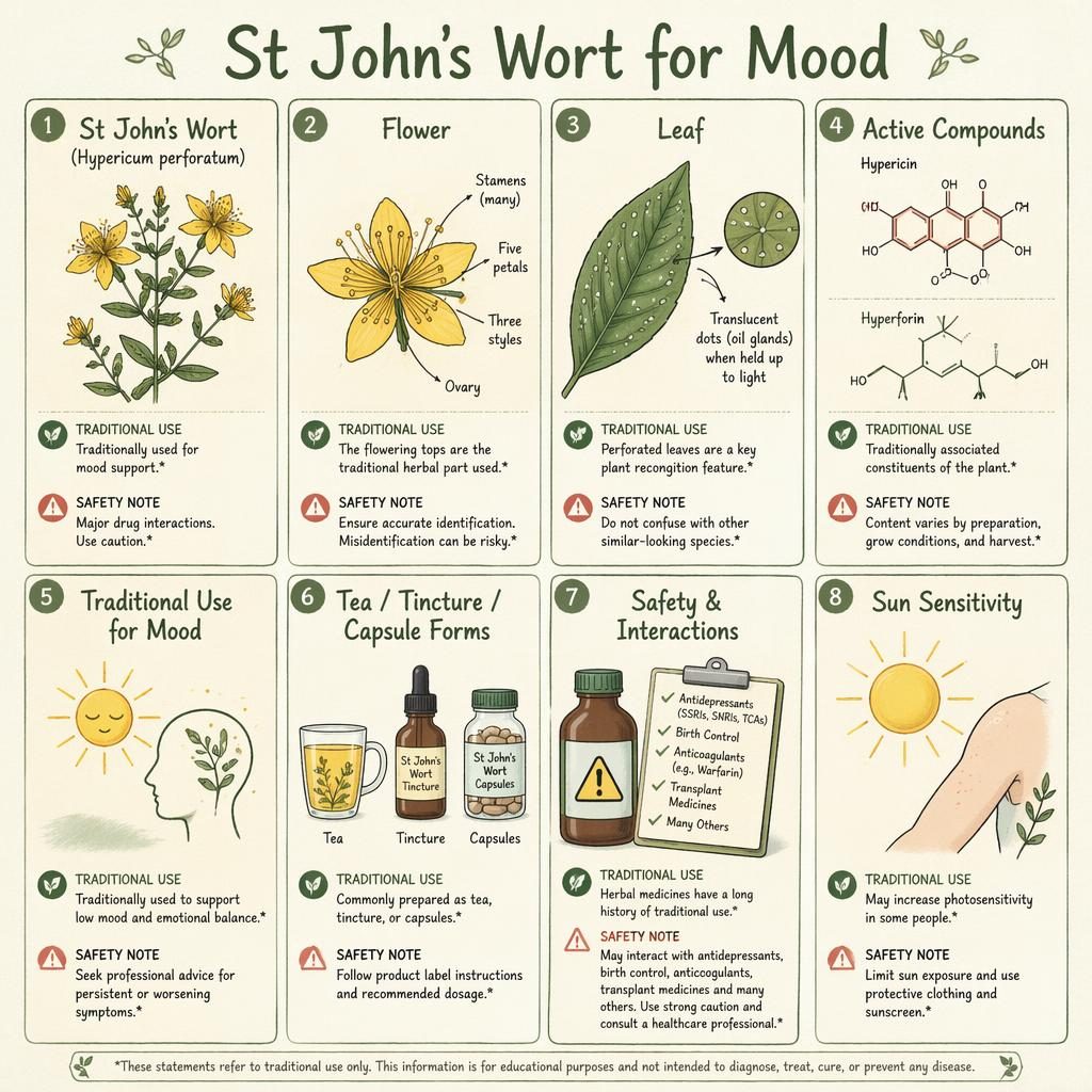 Sketchnote-style herbal infographic with 8 green cards on St John's Wort, showing botanical drawings, icons, notes, and safety warnings.