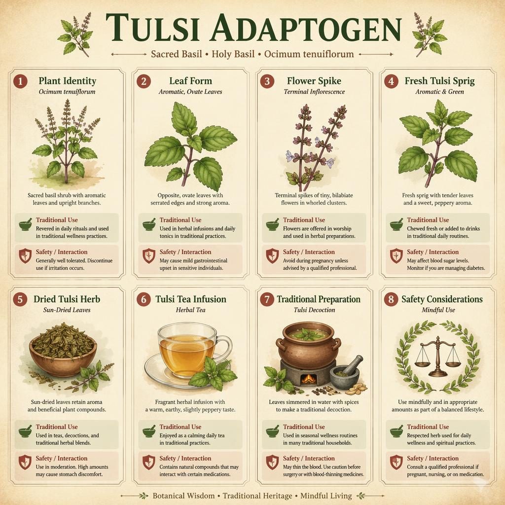 Editorial infographic of 8 tulsi adaptogen cards on parchment, showing leaves, flowers, dried herb, tea, prep, and safety notes.