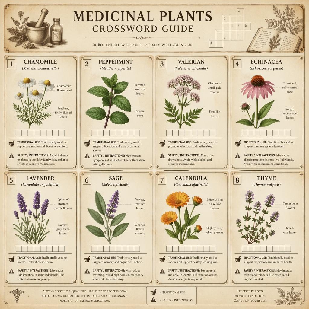 Infografik i kortgrid med 8 medicinalväxter, botaniska illustrationer, engelska namn, latinska namn och noter på pergamentbakgrund.