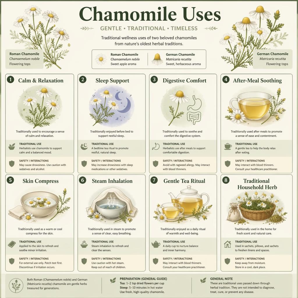 Editorial herbal infographic with 8 chamomile use cards in a sage earth-tone grid, botanical icons, English labels, safety notes.