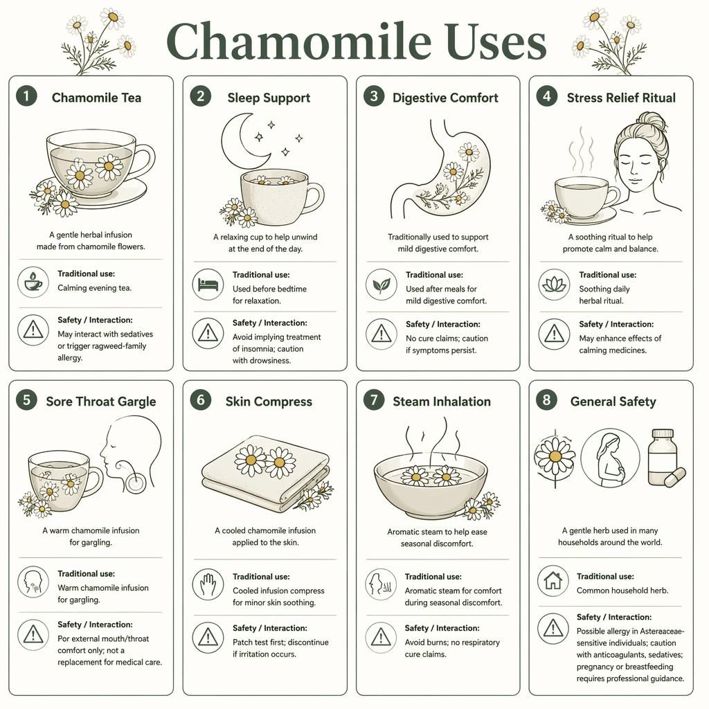 Mřížková infografika s 8 kartami Chamomile Uses, ikonami heřmánku, čajů, páry, obkladů a bezpečnostních upozornění.
