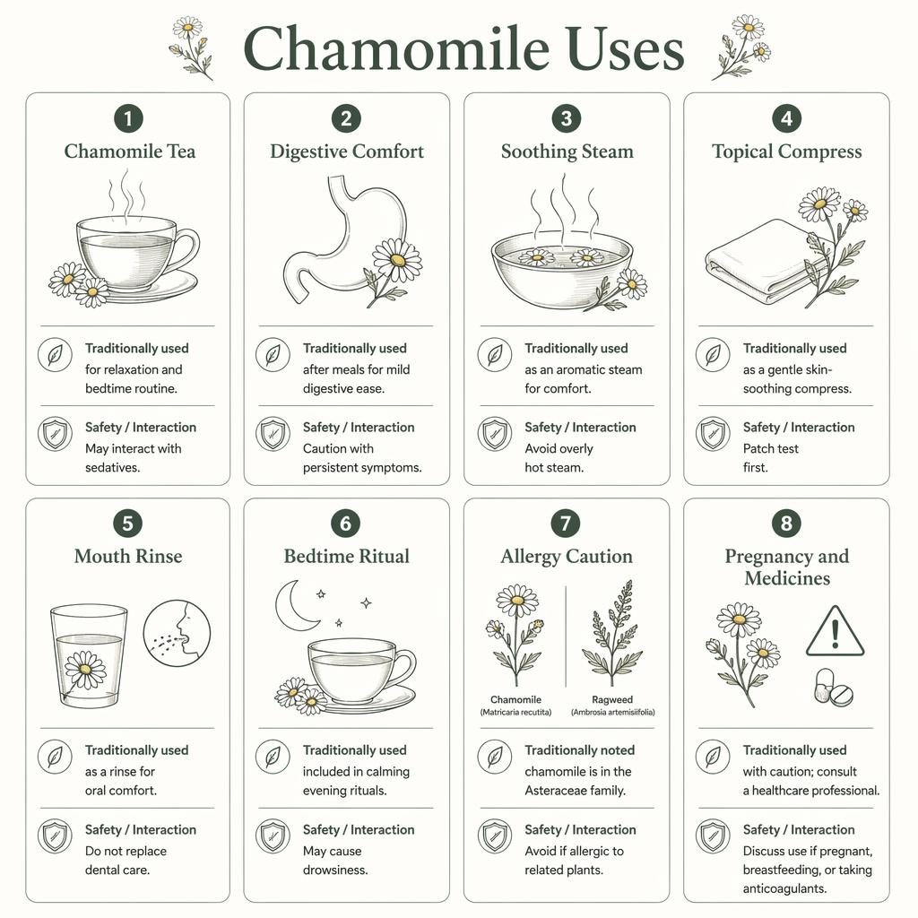Minimalistická infografika s 8 kartami o použití heřmánku, s ikonami, botanickými kresbami a anglickými popisky.
