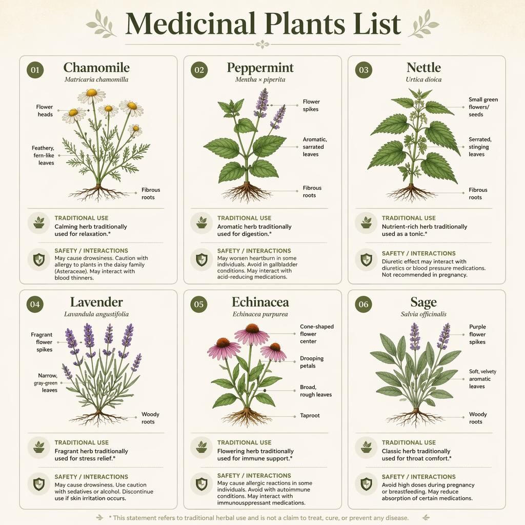 Infografik i rutnät med 6 kort över medicinalväxter, botaniska illustrationer, engelska etiketter och pappersbakgrund.