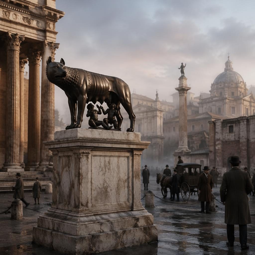 Reconstitution artistique de Rome vers 1900, matin brumeux, avec la louve de Romulus et Remus près d’un site monumental