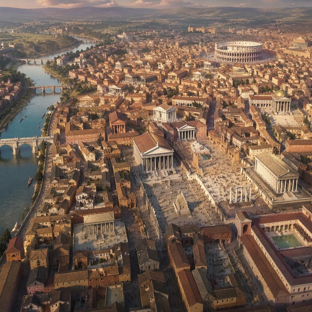 Aerial view of ancient Rome with gridded streets, forums, temples, baths, housing blocks, and the Tiber River in soft light.