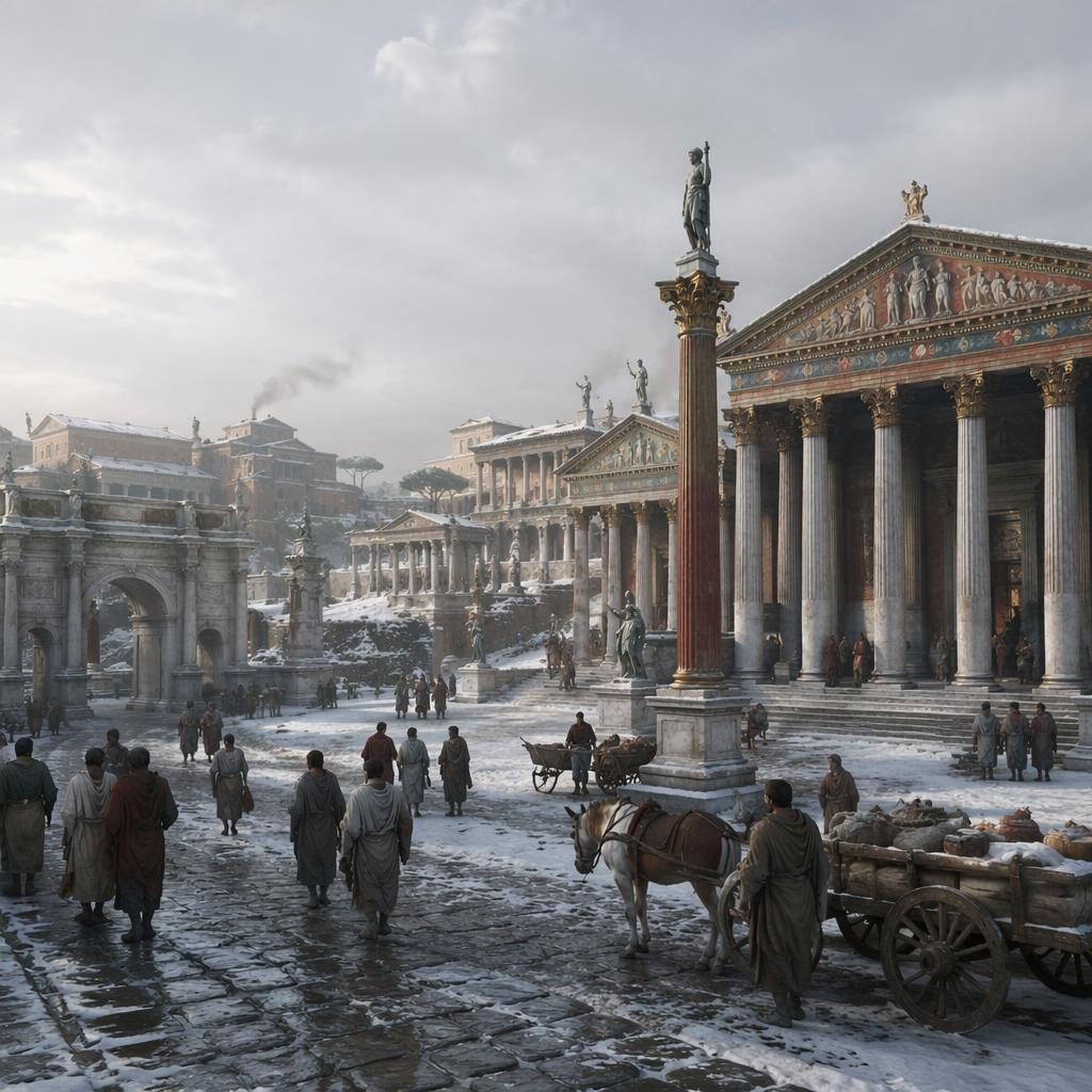 Reconstrucción artística del Foro Romano en Roma, junto al río, con nieve, arquitectura antigua, figuras con vestimenta de época y carros.