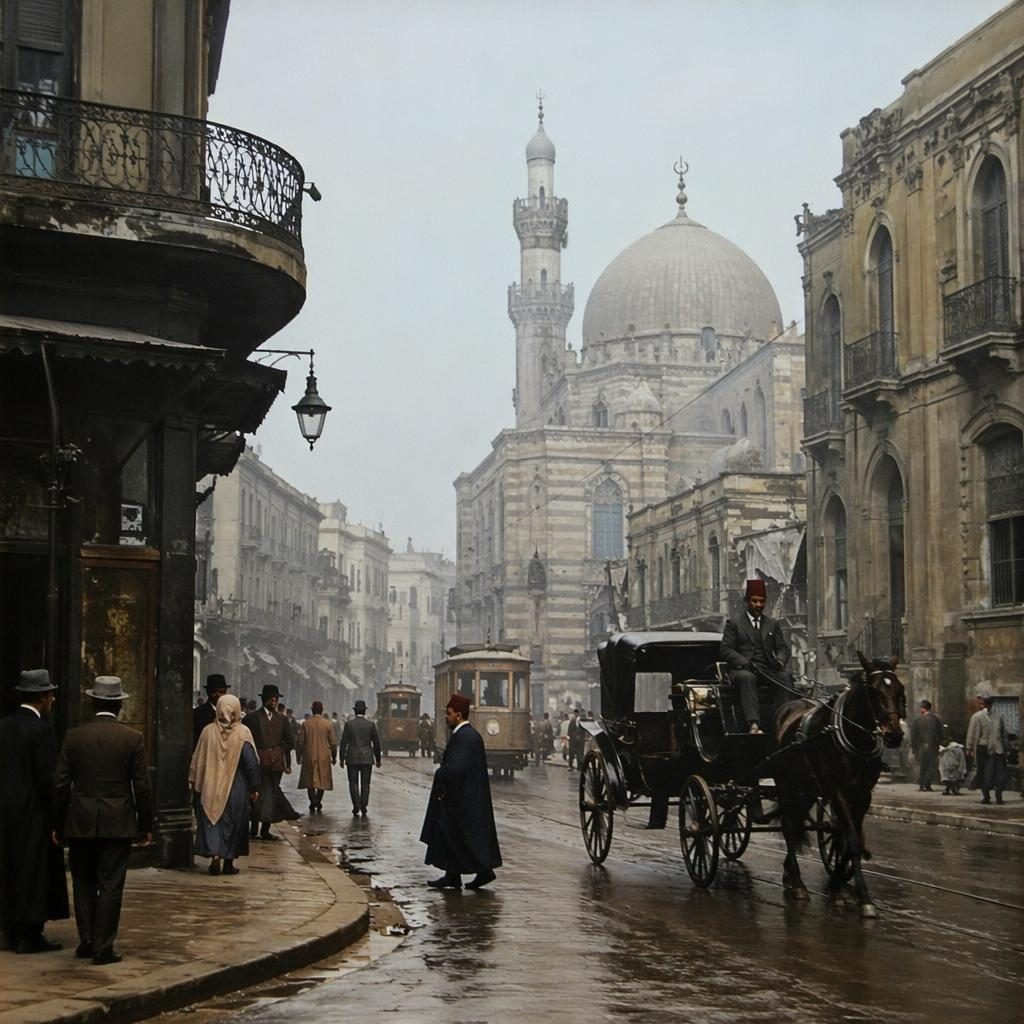 Reconstitution artistique de Rome dans les années 1920, rue animée au matin brumeux, architecture, tenues et transports d’époque.