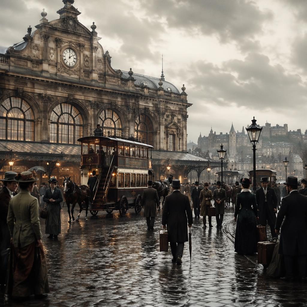Reconstitution historique d’une gare vers 1900, pavés mouillés sous la pluie, architecture d’époque et transports anciens
