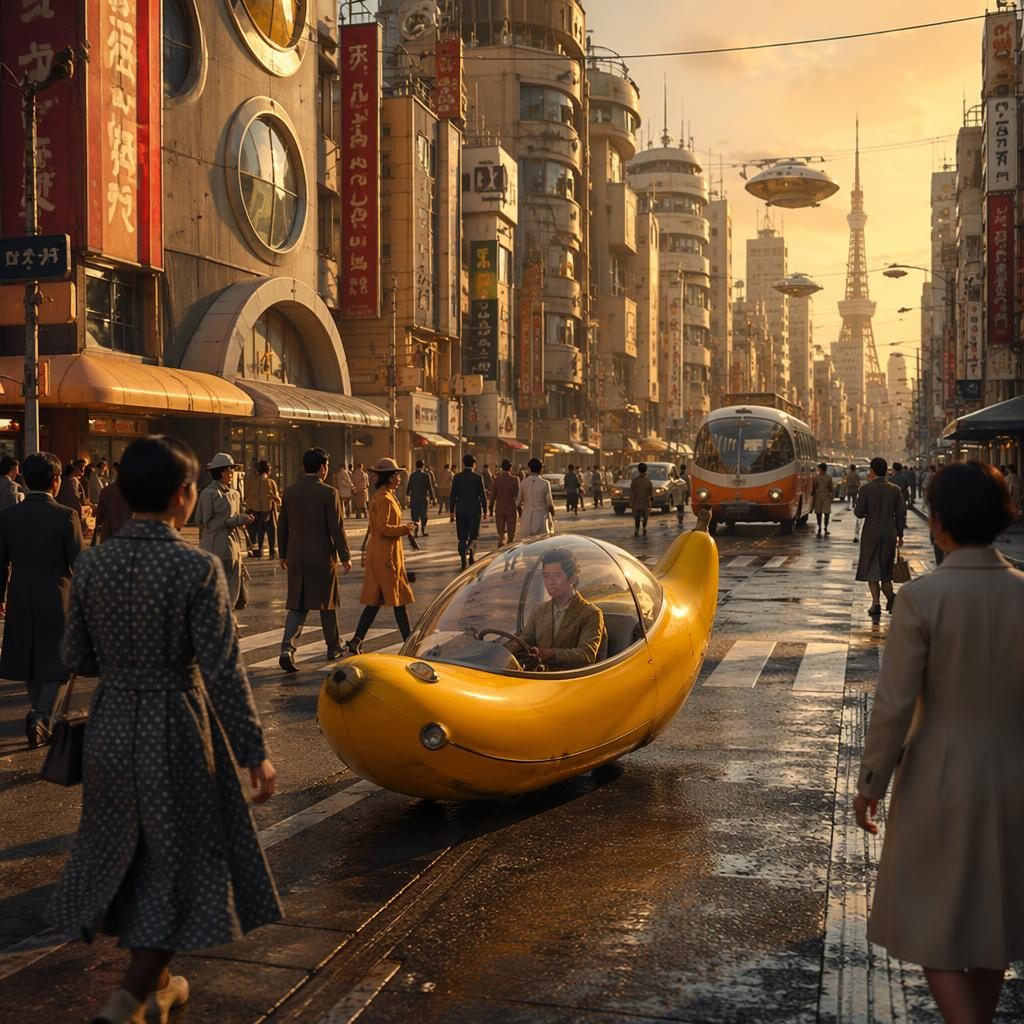 Historische Retro-Futurismus-Rekonstruktion von Tokio bei Goldstunde mit nano banana Fahrzeug auf belebter Straße