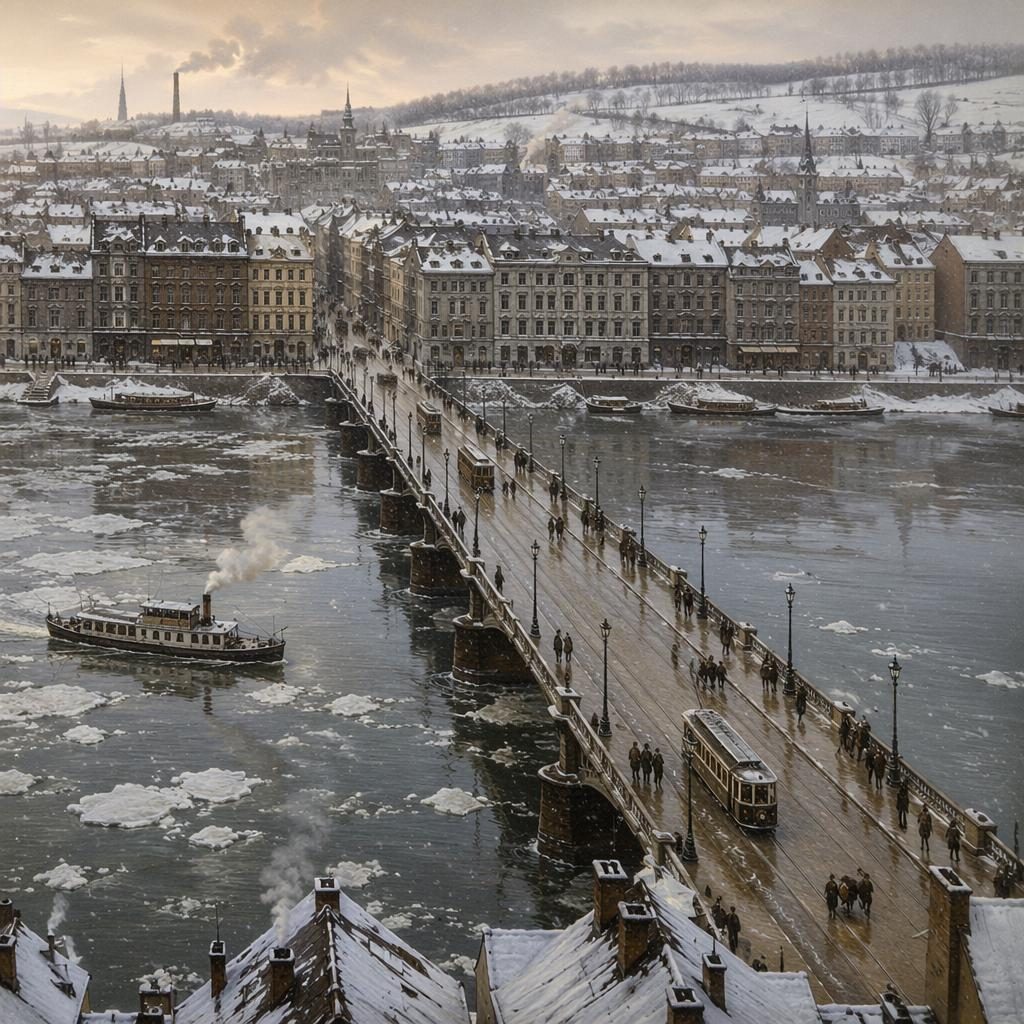 Letecký pohled na zasněžený Londýn kolem roku 1900 s dobovou architekturou, povozy, chodci a zimní atmosférou.