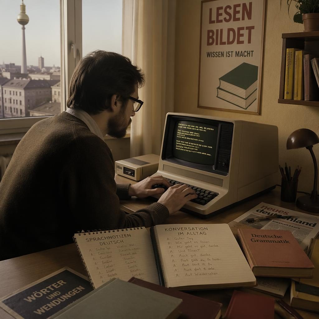 Studierzimmer in einer Ost-Berliner Wohnung der 1970er mit Erwachsenem am frühen Textterminal und deutschen Notizen