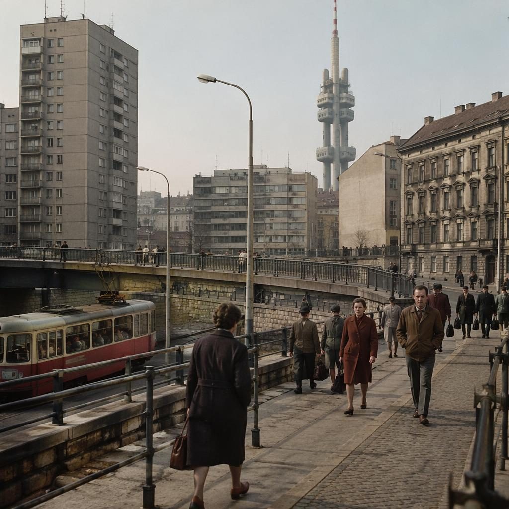 Umělecká rekonstrukce ulice z 70. let v komunistické éře, lidé, dobová doprava a architektura v měkkém světle