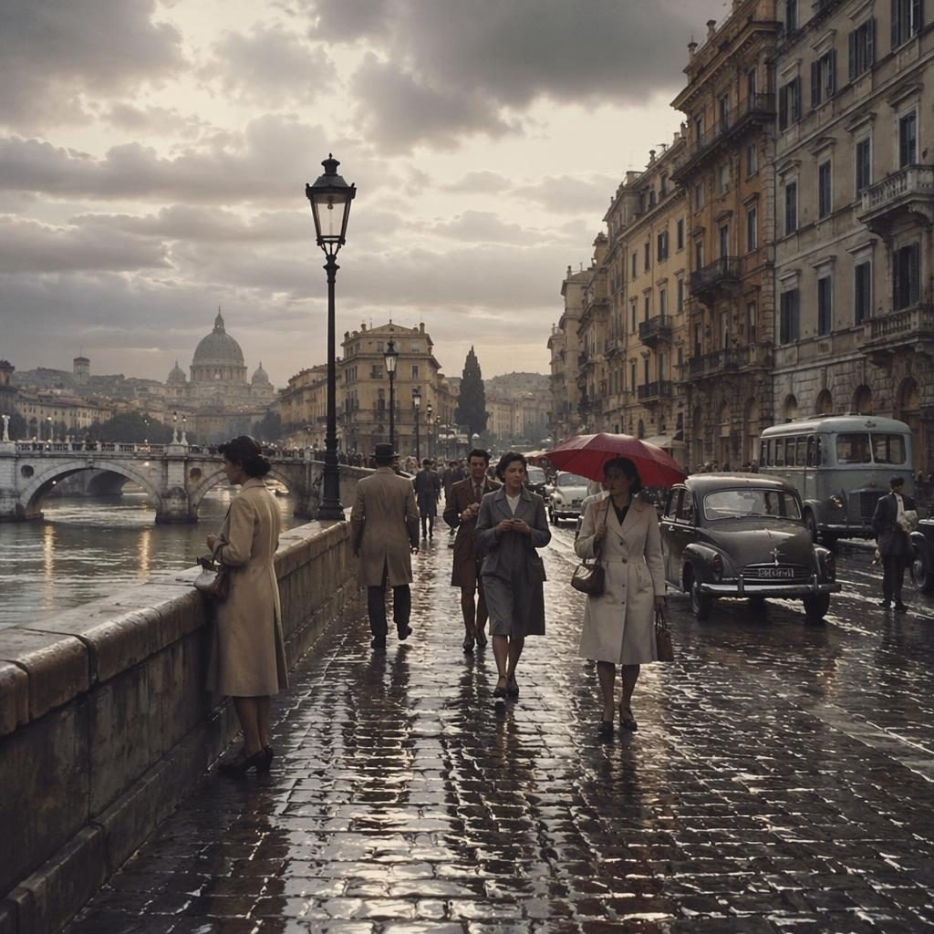 Reconstitution artistique de Rome dans les années 1950, pavés mouillés au bord du fleuve, passants et véhicules d’époque