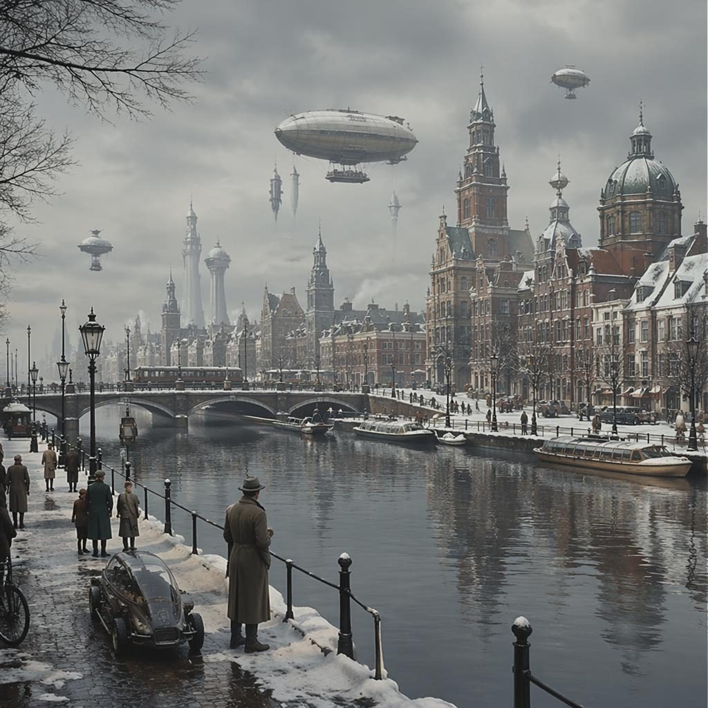 Umelecka rekonstrukce Amsterdamu v zime: zasnezene nabrezi, historicka architektura, dobove obleceni a doprava