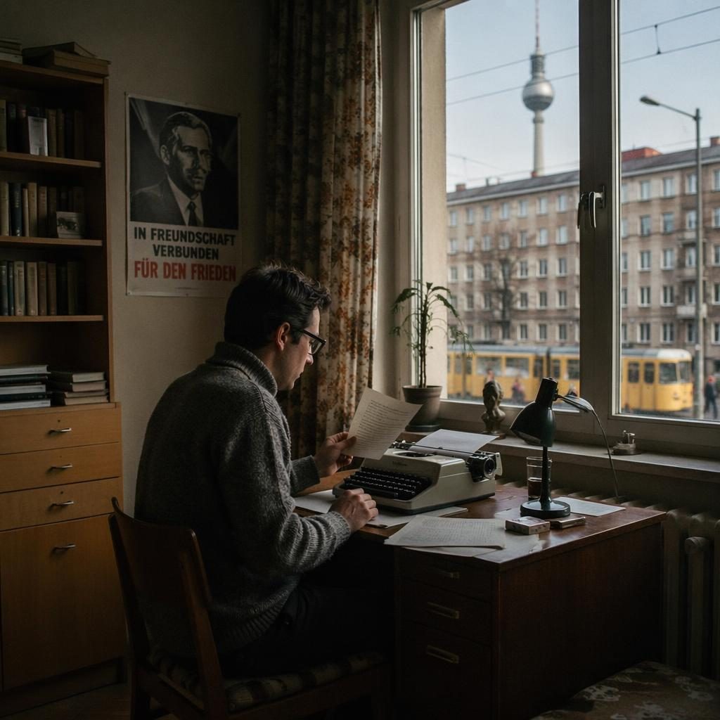 Erwachsene Person in einer Ostberliner Wohnung der 1970er an einem Schreibtisch mit Schreibmaschine und Notizen.