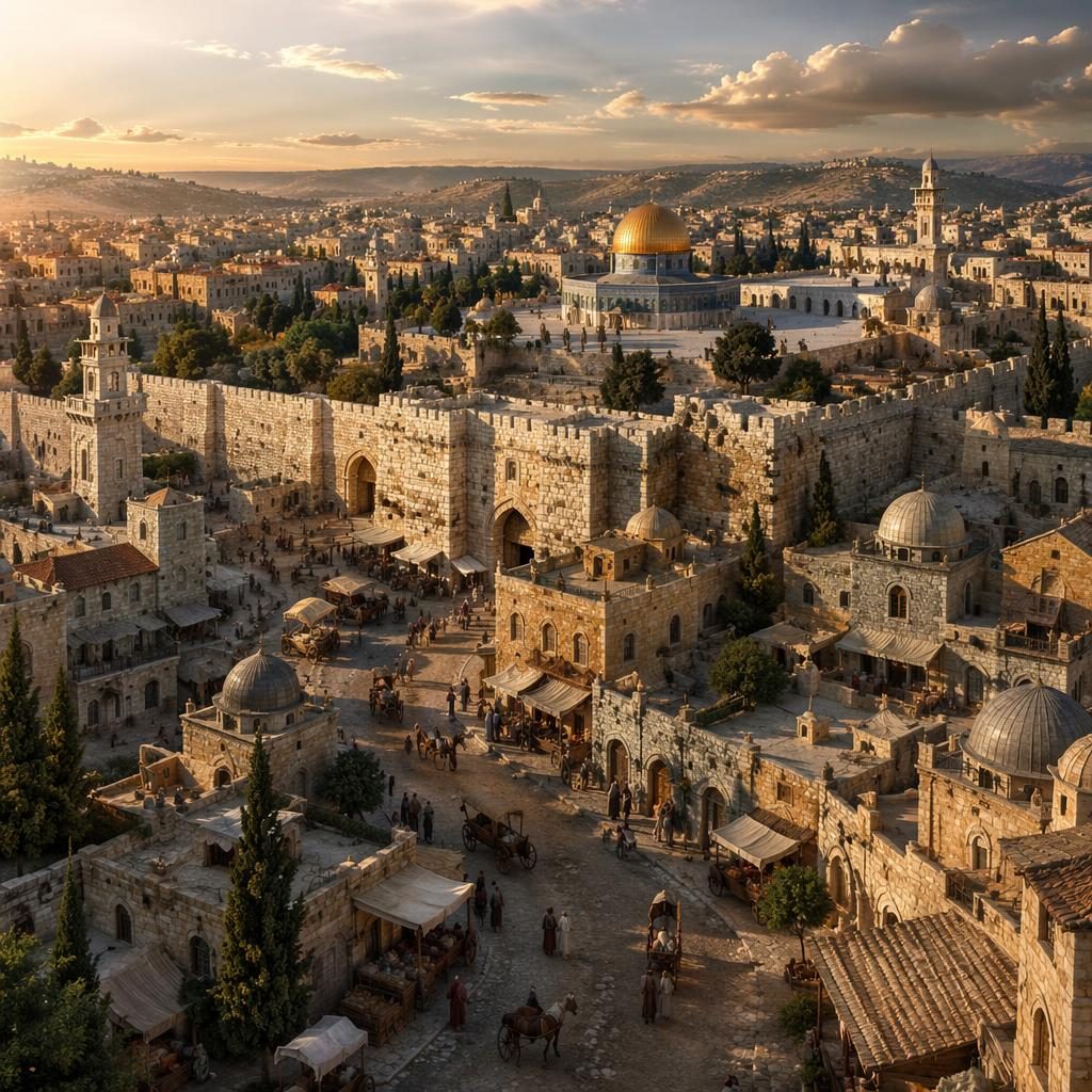 Aerial golden-hour view of a Renaissance-era Jerusalem reconstruction with period architecture, streets, and transport.