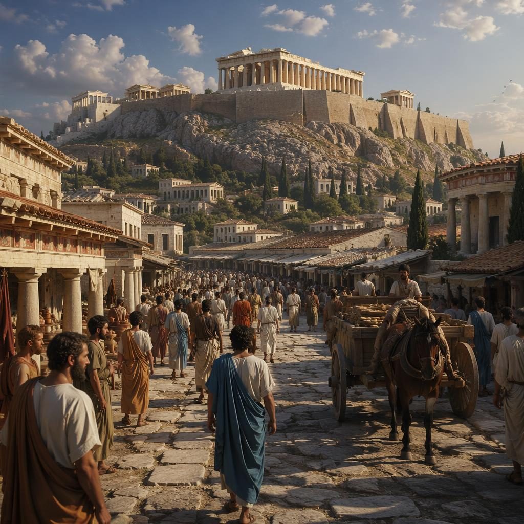Ancient Athens reconstruction centered on the Acropolis and Parthenon, with citizens, scholars, temples, and stone roads.