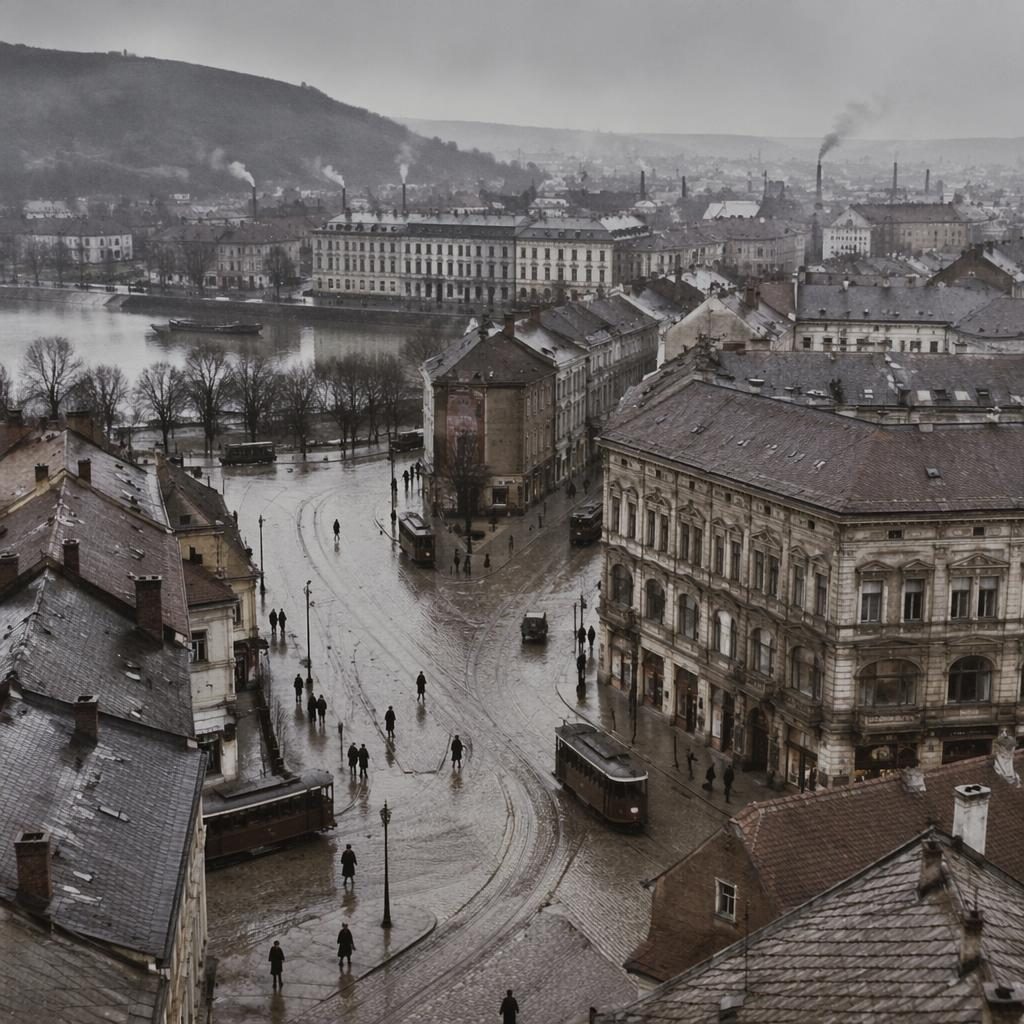 Letecký pohled na historické město ve stylu 20. let, mokré dláždění, dobová architektura, oděvy a doprava