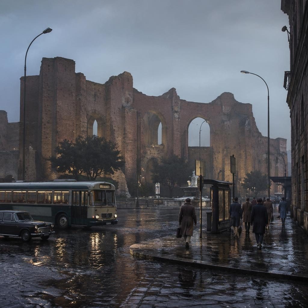 Reconstitution historique d’une gare pavée sous la pluie, style années 1970, avec architecture d’époque et ambiance Rome.