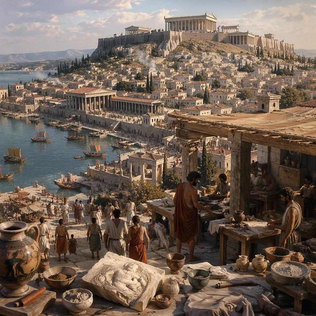 Photoreal ancient Athens coastal city with stone temples, harbor, pigments, marble, bronze tools, papyrus and ceramics
