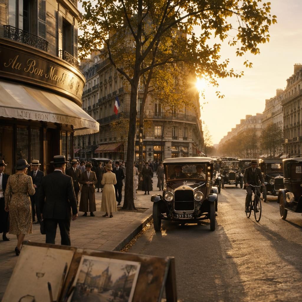 Belebter Pariser Boulevard der 1920er mit Art-Déco-Läden, Autos, Fahrrädern und elegant gekleideten Erwachsenen