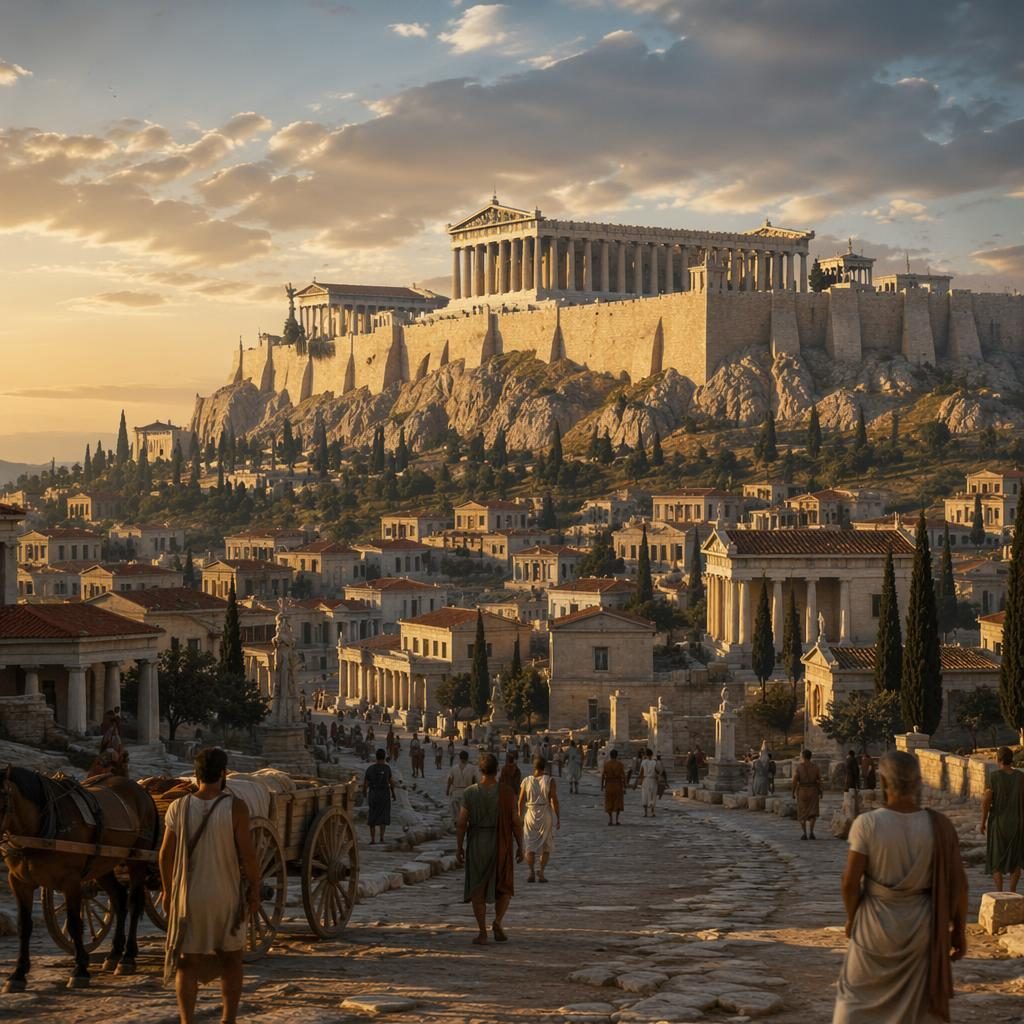 Ancient Athens reconstruction at golden hour with the Acropolis and Parthenon above citizens in period clothing