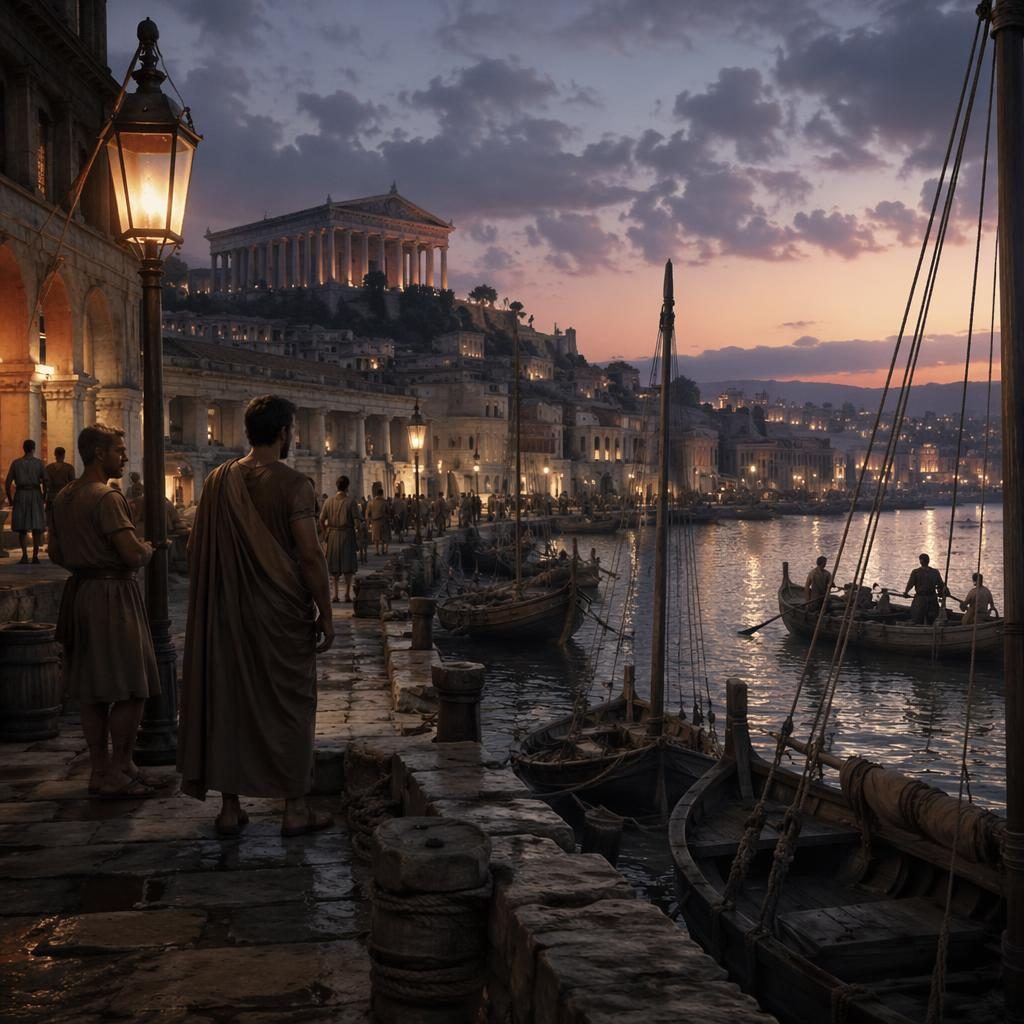 Reconstitution artistique de Lisbonne antique au bord du fleuve au crépuscule, lampes à gaz, architecture et passants d’époque.
