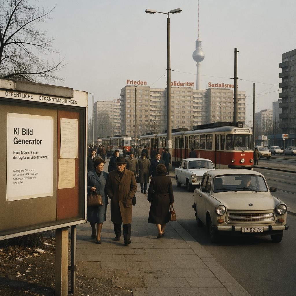 Historische Rekonstruktion eines Ost-Berliner Boulevards der 1970er mit Tram, Trabants, Plattenbauten und Aushangtafel.