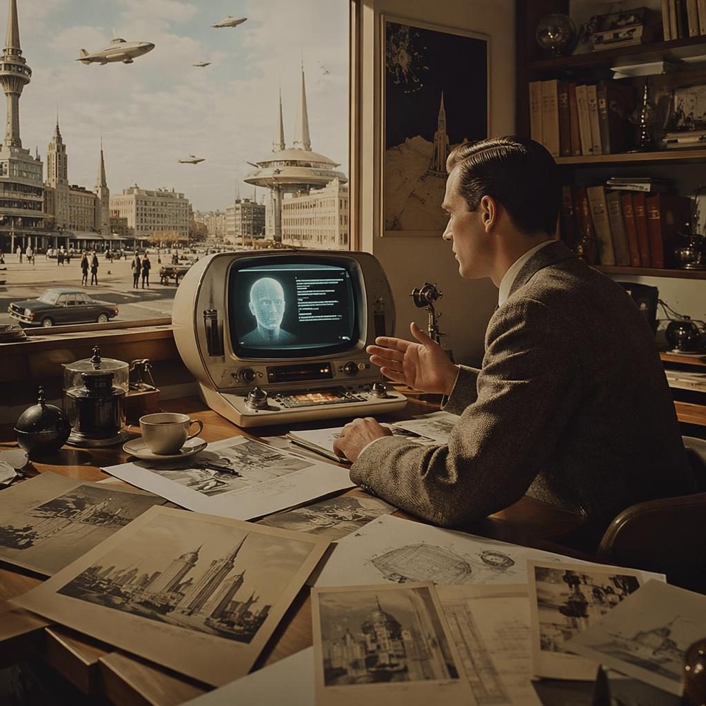 Historische Berliner Retro-Futurismus-Studie mit Erfinder, leuchtender Sprachmaschine und Bildentwürfen am Schreibtisch
