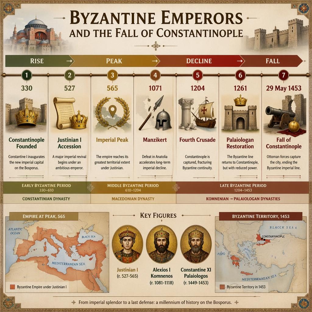 Infographie historique horizontale sur Byzance, 7 dates clés jusqu’à la chute de Constantinople, cartes et repères dynastiques.