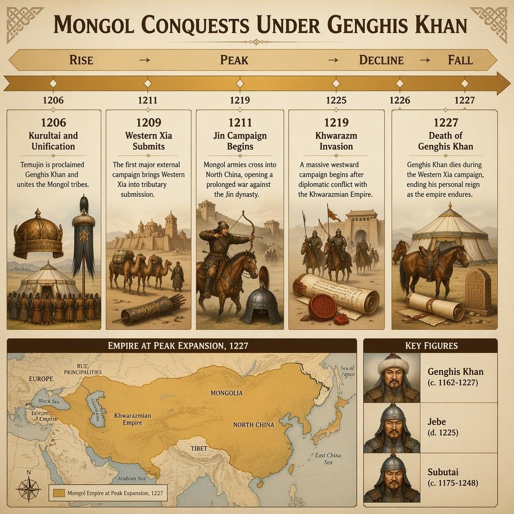 Infografía horizontal en sepia y dorado sobre las conquistas mongolas de 1206 a 1227 con 5 hitos, mapa y panel lateral.