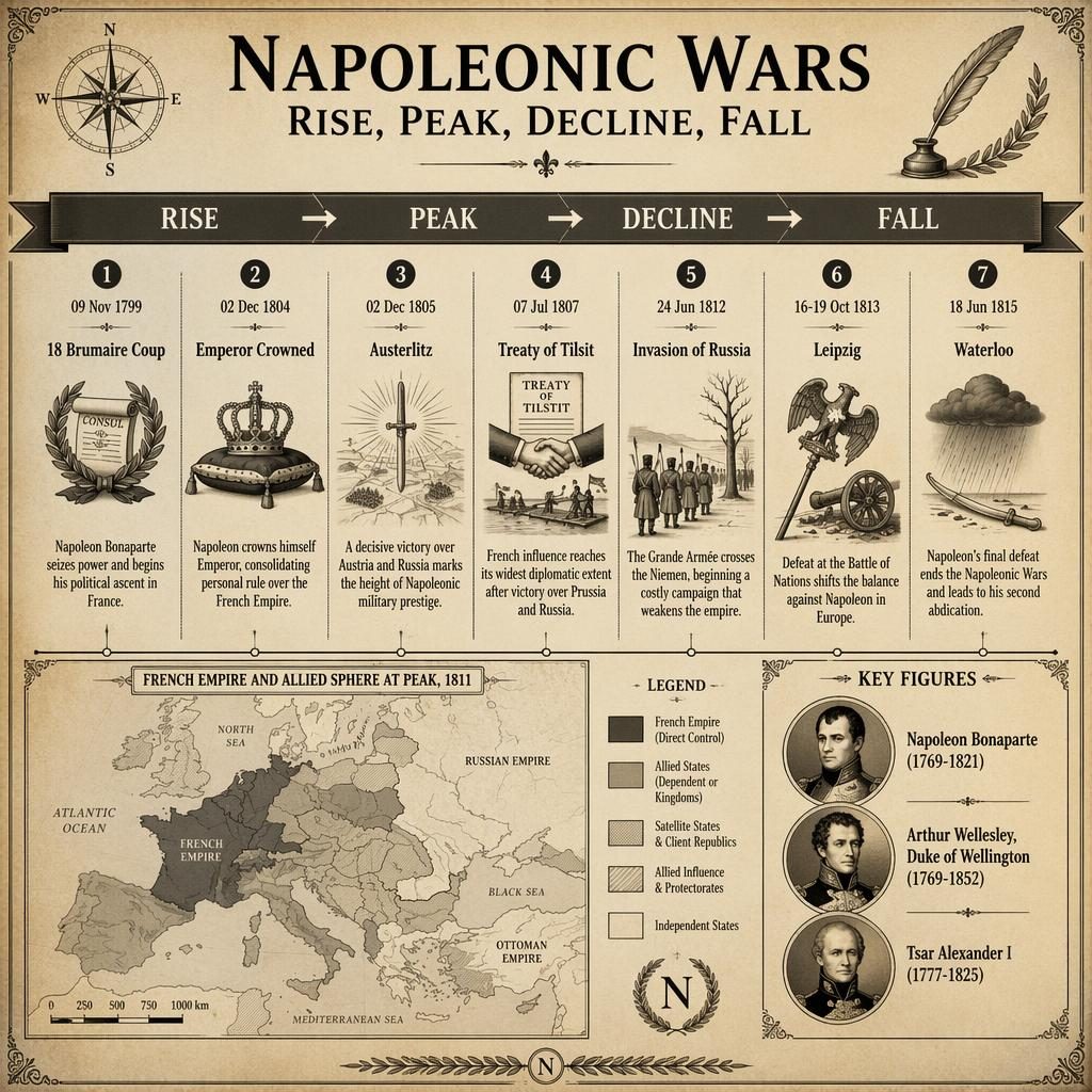Infographie horizontale sur parchemin ancien montrant la chronologie des guerres napoléoniennes avec 7 jalons datés.