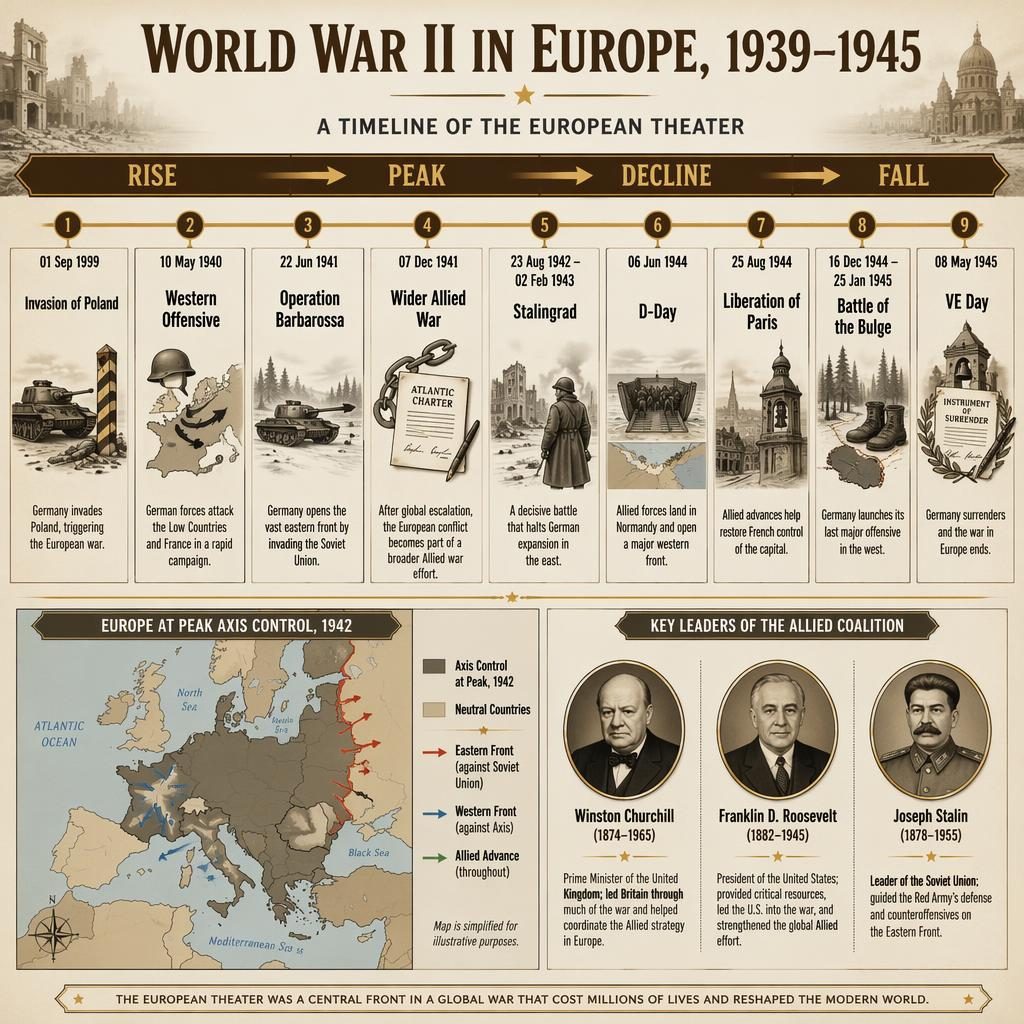 Infografía histórica horizontal sobre la Segunda Guerra Mundial en Europa 1939–1945 con 9 hitos, mapa y retratos.