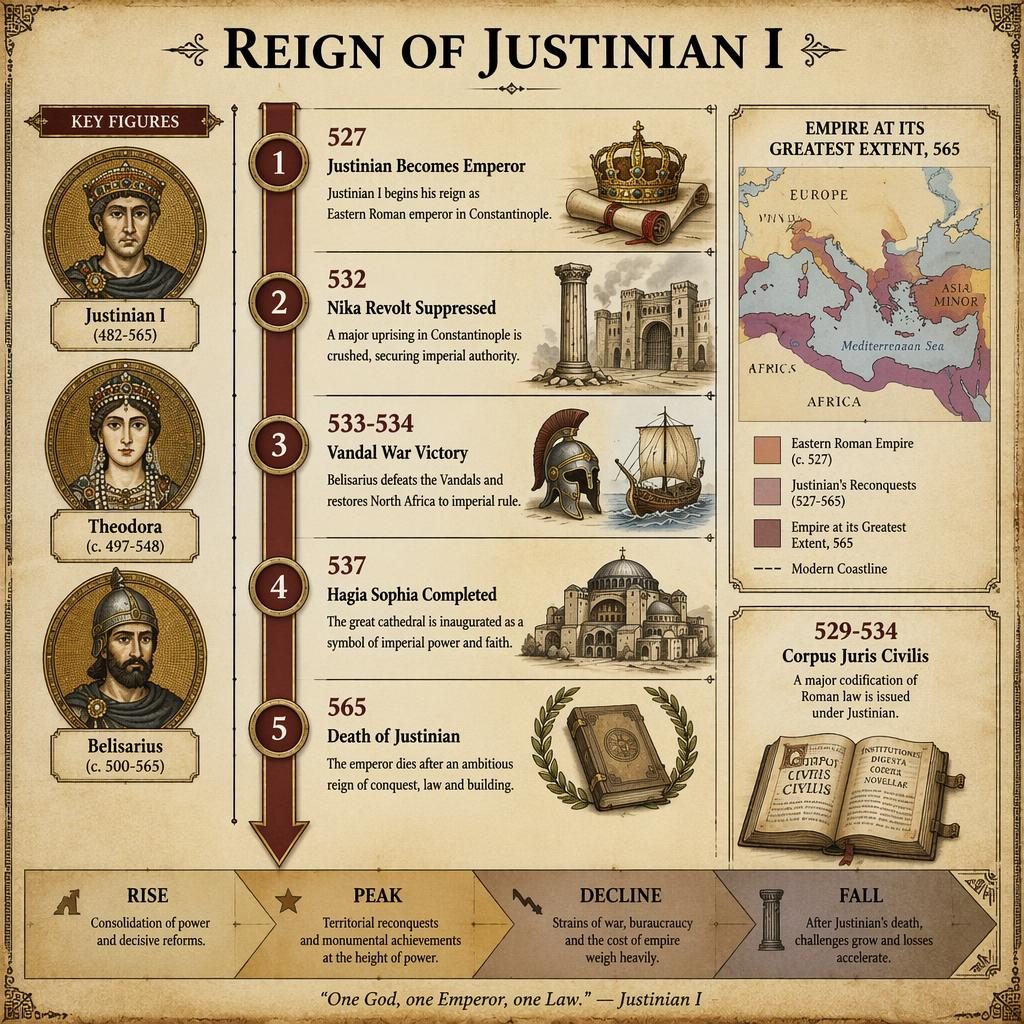 Vertical historical timeline infographic on Justinian I with 5 dated milestones, map inset, portrait medallions, and parchment style.