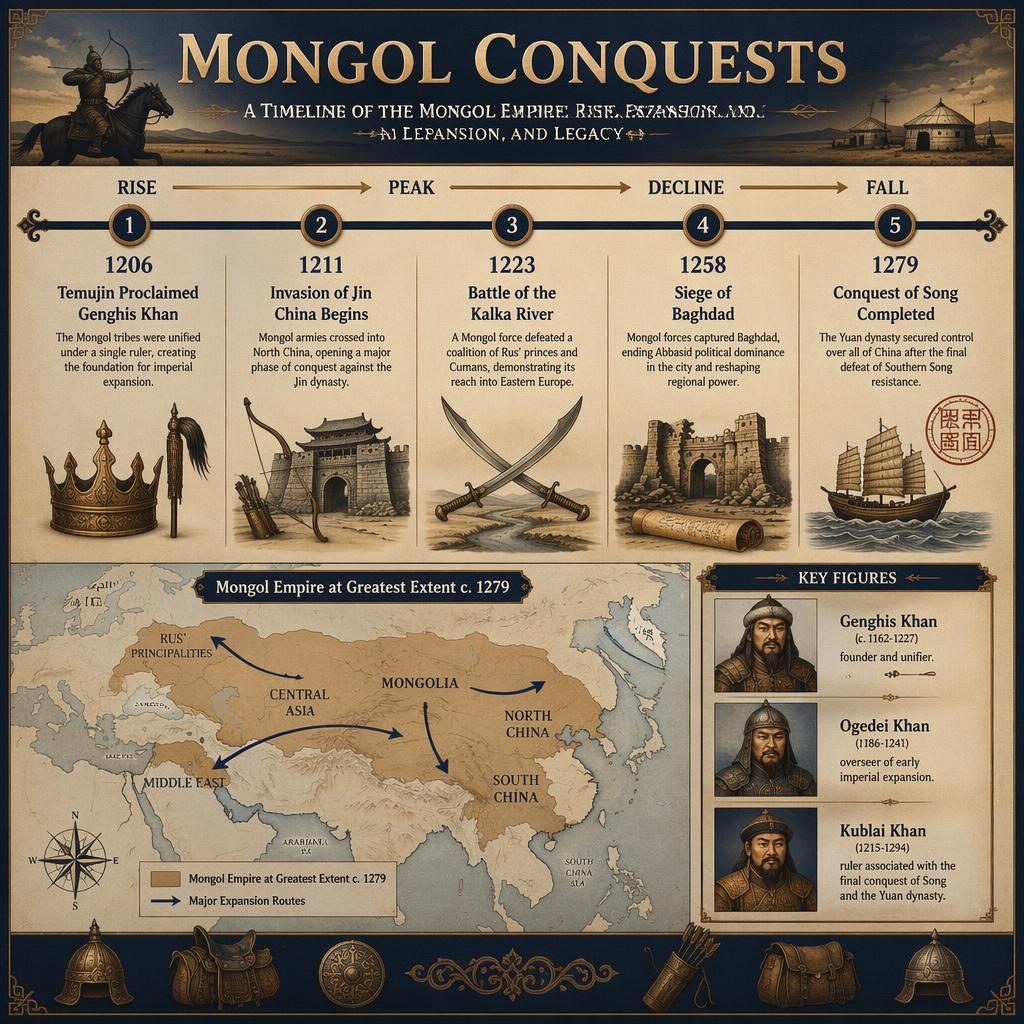 Horizontal Mongol Conquests timeline infographic with 5 dated milestones, Eurasia map, and 3 Khan side panels.