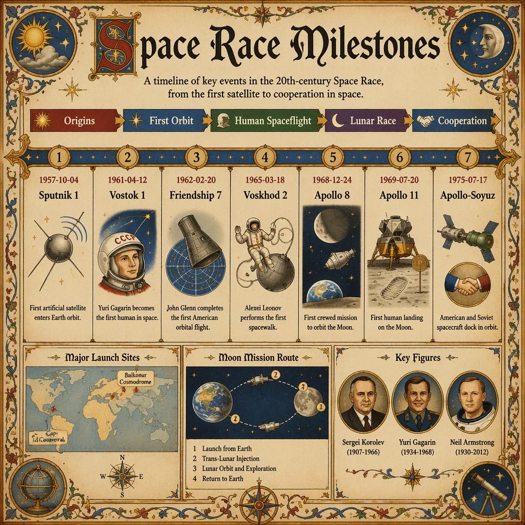 Illuminated manuscript infographic of Space Race milestones on a horizontal parchment timeline with 7 dated events, map and portraits.