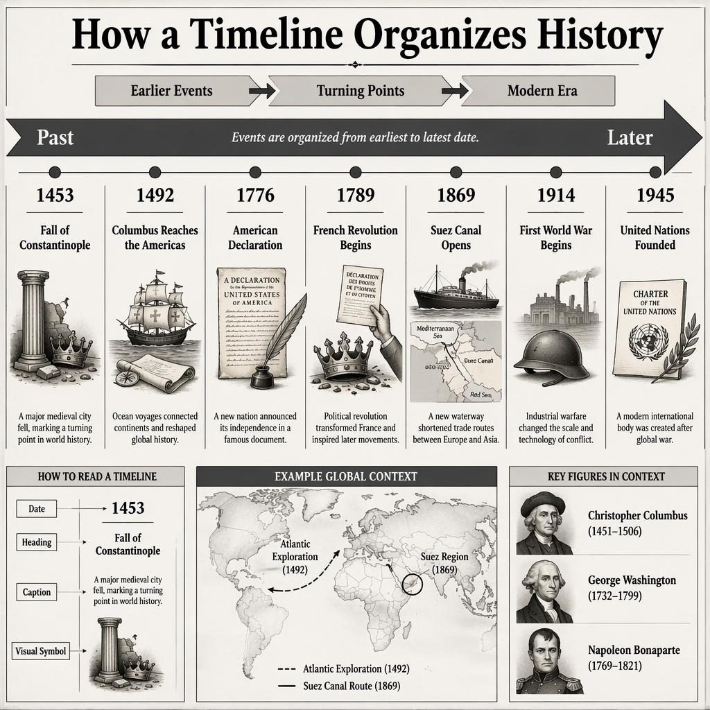 Infográfico em tons de cinza com linha cronologica horizontal, 7 marcos históricos, seta do passado ao futuro e mapa-múndi.