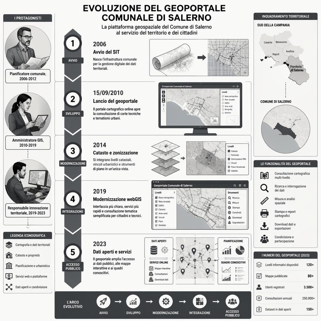 Infografica verticale sul geoportale salerno con 5 tappe dal 2006 al 2023, mappe GIS, inset Campania e ruoli tecnici.